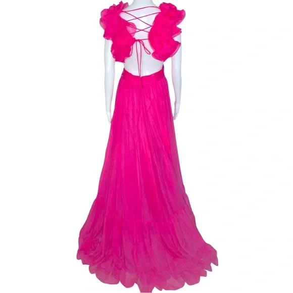 NWT Mac Duggal 67911 Hot Pink Ruffle Tied Cut-Out Chiffon Gown - Sz 10 - Picture 6 of 10